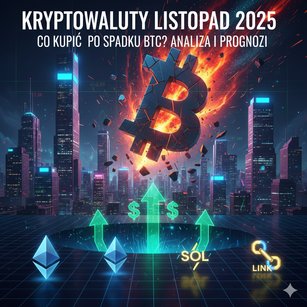 Kryptowaluty Listopad 2025: Spadający Bitcoin nad miastem z rosnącymi symbolami Ethereum, Solana i Chainlink – analiza rynku po korekcie.