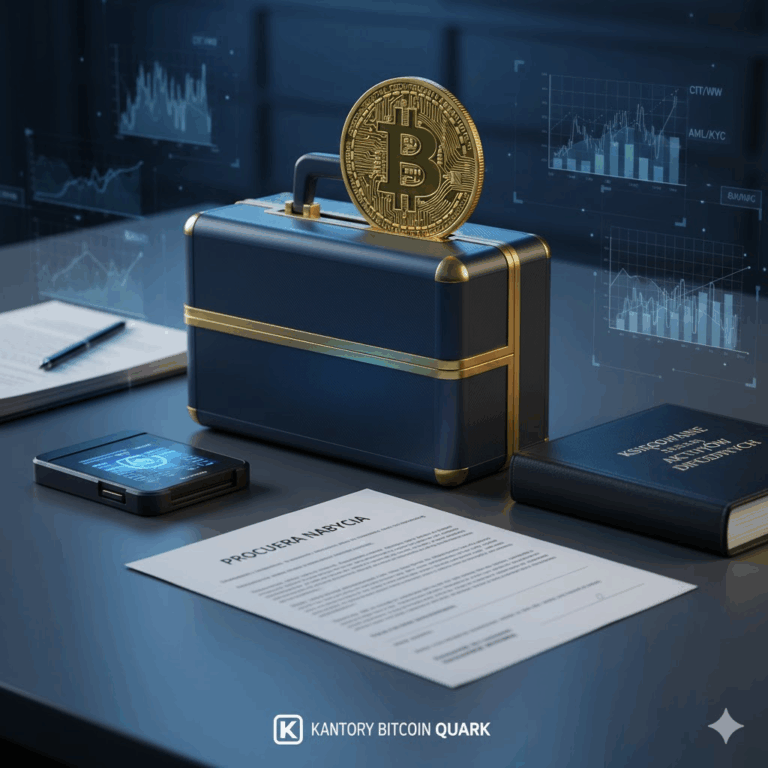 Złota moneta Bitcoin wsuwana do eleganckiej, granatowo-złotej teczki biznesowej, symbolizującej bezpieczną integrację krypto z finansami korporacyjnymi. Na biurku leżą dokumenty "Procedura Nabycia", telefon z interfejsem cyfrowym i książka "Księgowanie Aktywów Cyfrowych". W tle widoczne cyfrowe wykresy finansowe i panele z danymi CIT/WW i AML/KYC.