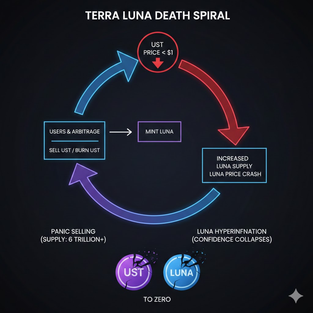 Schemat wizualizujący de-pegging stablecoin: niestabilna linia ceny gwałtownie odrywa się i spada poniżej stałego poziomu 1.00 USD, symbolizując utratę powiązania i kryzys płynności.