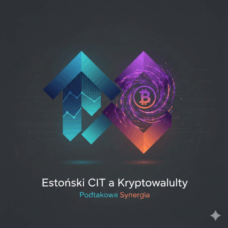 Abstrakcyjna grafika przedstawiająca synergiczne połączenie dwóch strzałek. Niebieska/turkusowa strzałka symbolizuje Estoński CIT i stabilność, a fioletowa/pomarańczowa strzałka, zawierająca symbol Bitcoina i wirujący efekt cyfrowy, symbolizuje Kryptowaluty. Obie formy zazębiają się, co ilustruje możliwość ich bezpiecznego połączenia