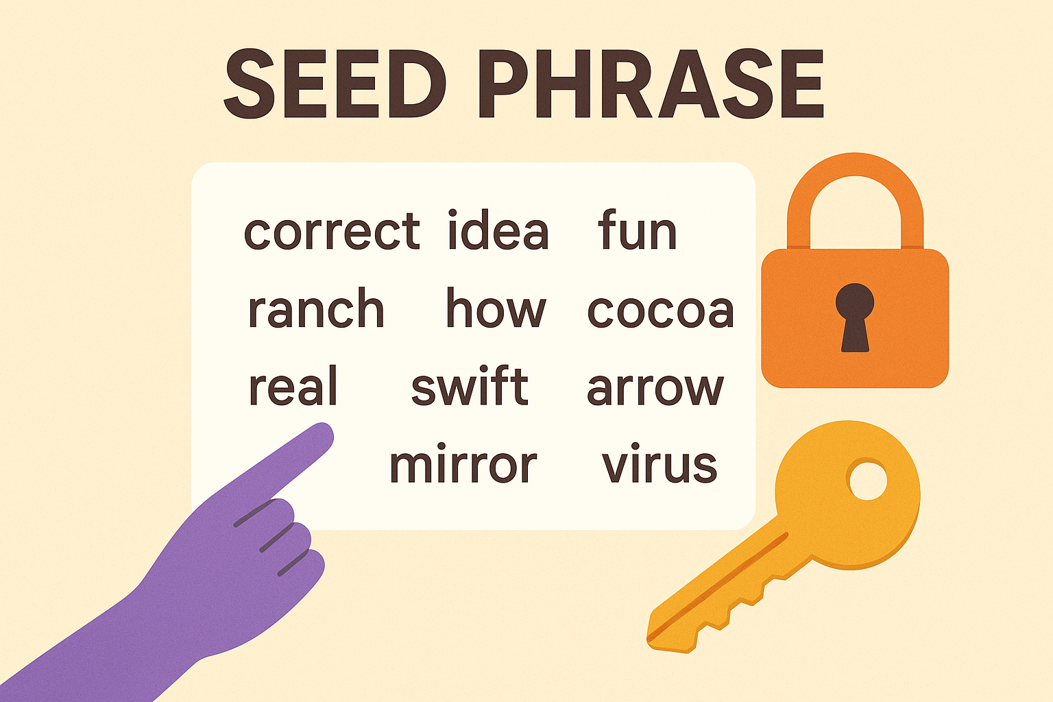 Ilustracja przedstawiająca kartę z przykładową 12-wyrazową frazą seed. Po lewej stronie znajduje się fioletowa ręka wskazująca na jeden z wyrazów, a po prawej ikonki kłódki i klucza, symbolizujące bezpieczeństwo i dostęp do portfela kryptowalut.