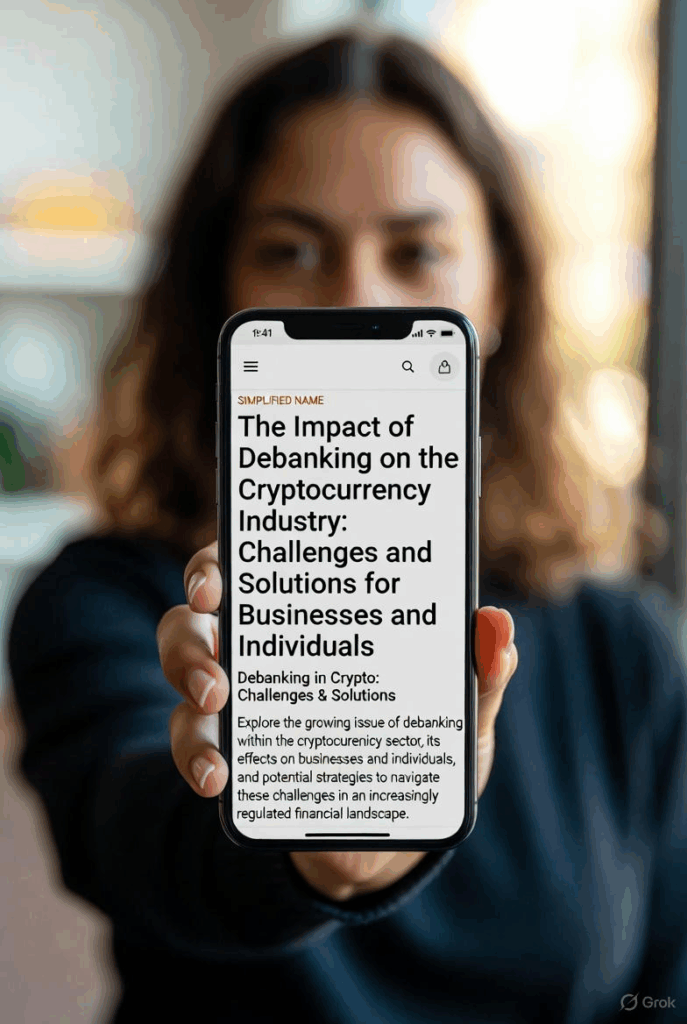 Grafika pokazująca bliskie ujęcie osoby przeglądającej na telefonie artykuł zatytułowany "The Impact of Debanking on the Cryptocurrency Industry: Challenges and Solutions for Businesses and Individuals". W tle rozmyte wnętrze biura, podkreślające kontekst cyfrowego dostępu do informacji o problemach bankowych w branży krypto.