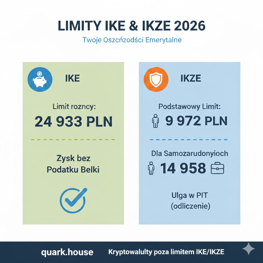 Infografika podsumowująca oficjalne limity wpłat na IKE (24 933 PLN) i IKZE (9 972 PLN / 14 958 PLN) na rok 2026, zachęcająca do dywersyfikacji oszczędności krypto poza limity w Quark.House