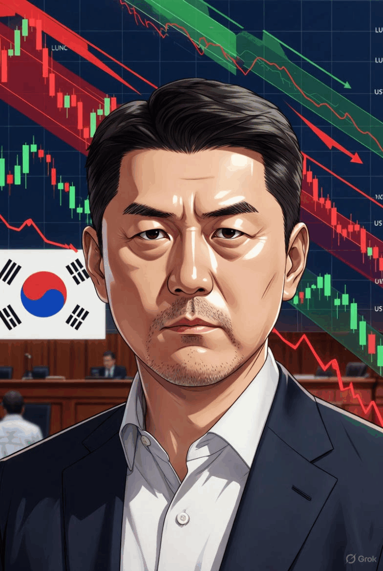 Ta grafika przedstawia portret Do Kwon, koreańskiego przedsiębiorcy urodzonego w 1989 roku, znanego jako założyciel Terraform Labs. Na zdjęciu Kwon wygląda profesjonalnie, prawdopodobnie w kontekście biznesowym lub sądowym, z poważnym wyrazem twarzy. Tło jest neutralne, co podkreśla jego rolę w świecie kryptowalut. Obraz symbolizuje zarówno sukces, jak i upadek ekosystemu Terra, gdzie Kwon był kluczową postacią w rozwoju stablecoina UST i tokena Luna. Grafika pochodzi z artykułu prasowego omawiającego jego wyrok skazujący na 15 lat więzienia w 2025 roku.