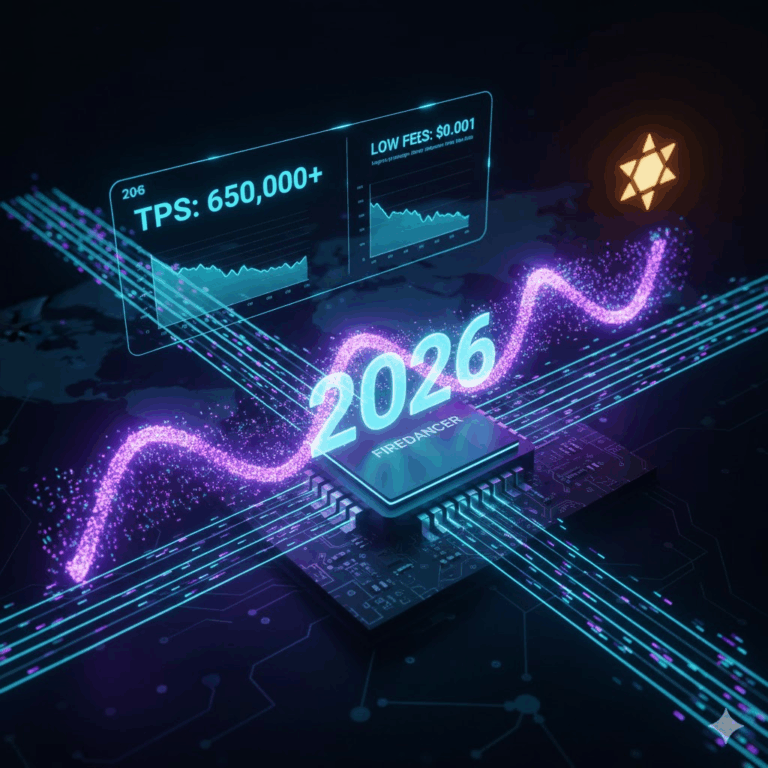 Futurystyczny dashboard przedstawiający architekturę Solany z mechanizmem Proof of History (PoH), symbolizujący wysoką przepustowość (TPS) i niskie opłaty, z akcentem na jej wiodącą rolę w 2026 roku.