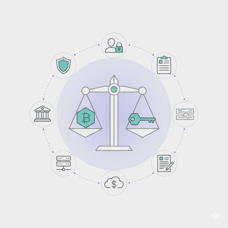 Minimalistyczna grafika: Bitcoin (BTC) i symbol klucza prywatnego połączone linią blockchain z wagą sprawiedliwości i ikoną kłódki.