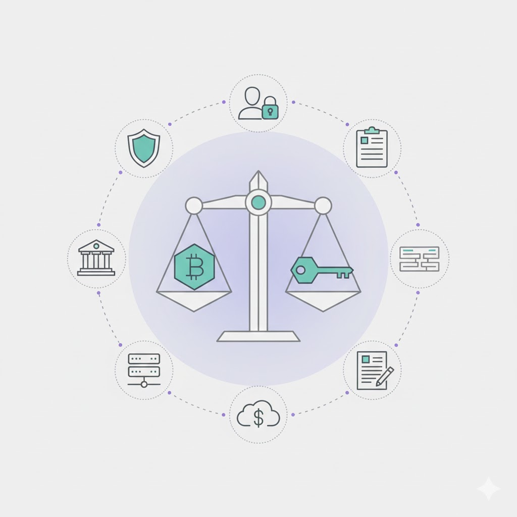 Minimalistyczna grafika: Bitcoin (BTC) i symbol klucza prywatnego połączone linią blockchain z wagą sprawiedliwości i ikoną kłódki.