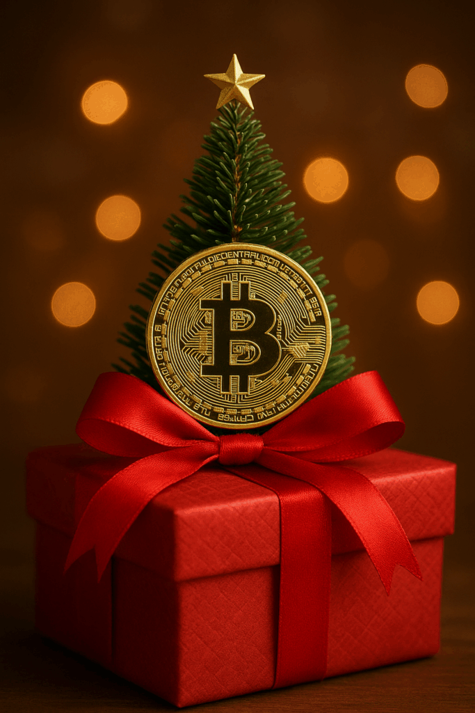 Schemat procesu zakupu Bitcoin na prezent w kantorze Quark. Przepływ środków od banku, przez regulowany kantor wymiany, do bezpiecznego portfela sprzętowego odbiorcy (prezentu).