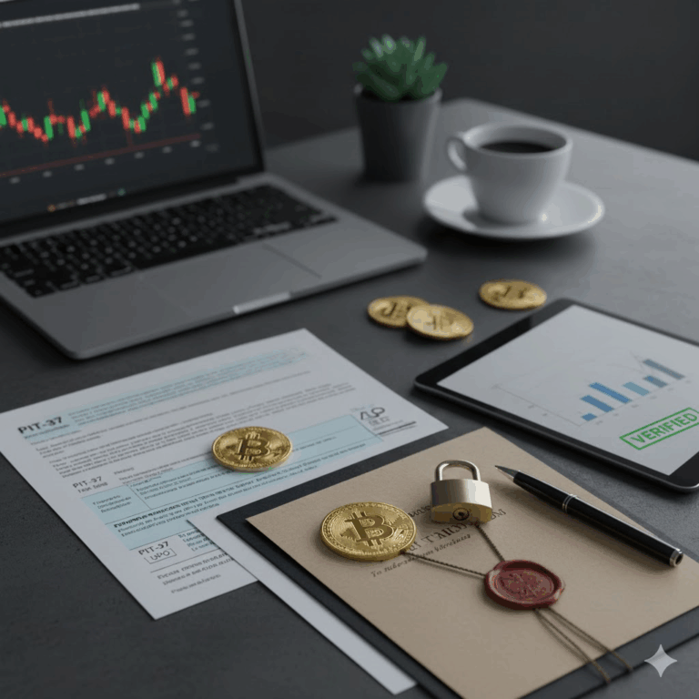 Stół biurowy z logo Quark Bitcoin, laptopem wyświetlającym wykres kryptowalut oraz dokumentami: PIT z UPO i aktem notarialnym z pieczęcią i kłódką, symbolizującymi legalną weryfikację źródła pochodzenia środków kantor bitcoin zgodnie z wymogami AML.