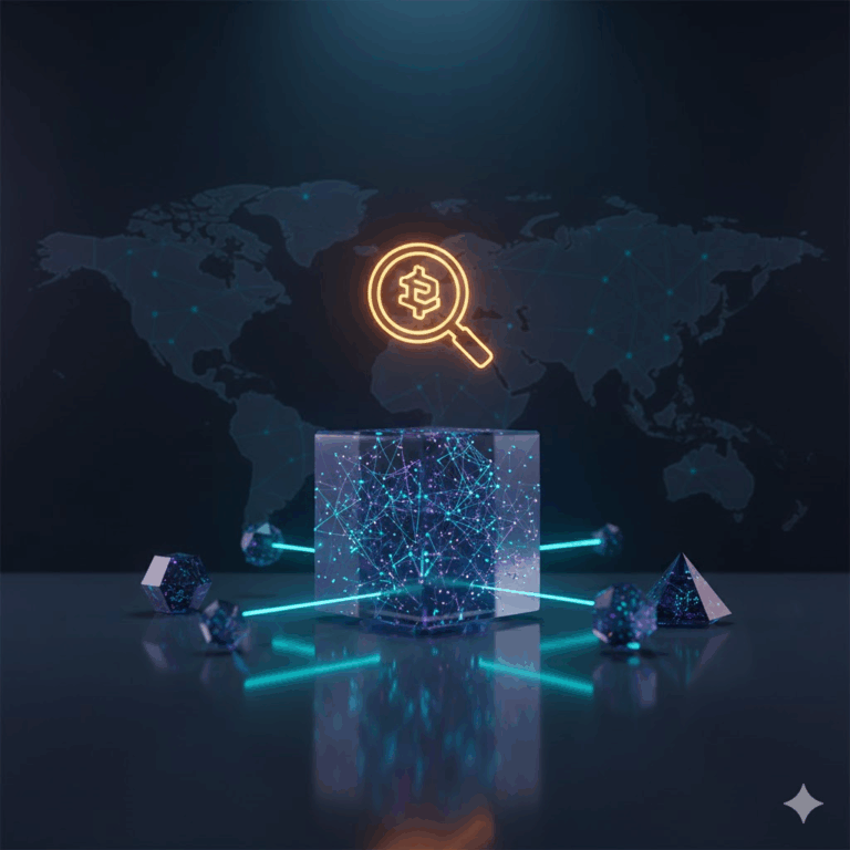 Wizualizacja Dyrektywy DAC8: Sieć blockchain przechodząca przez bramkę regulacyjną symbolizującą koniec anonimowości i automatyczną wymianę informacji podatkowych między krajami UE.