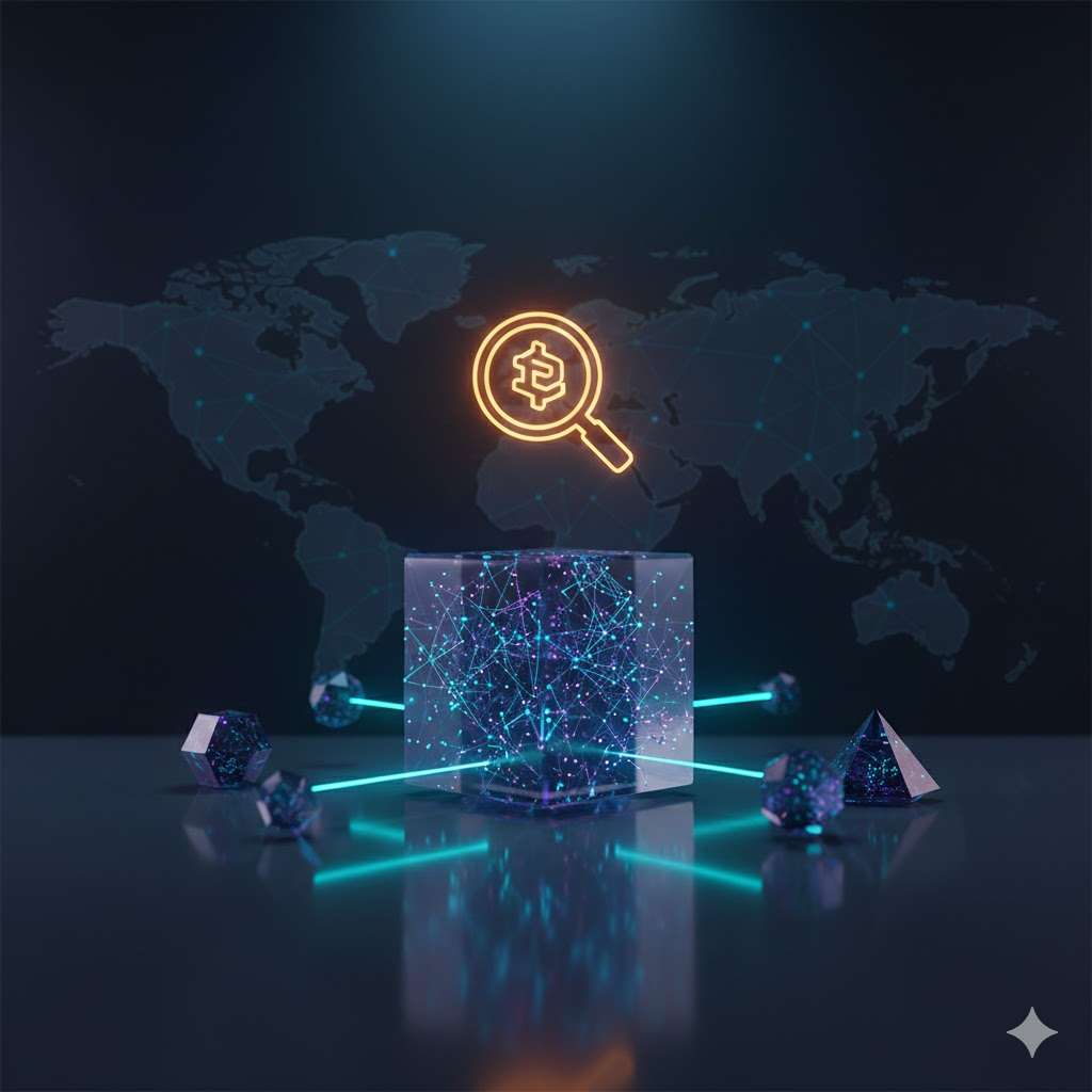 Wizualizacja Dyrektywy DAC8: Sieć blockchain przechodząca przez bramkę regulacyjną symbolizującą koniec anonimowości i automatyczną wymianę informacji podatkowych między krajami UE.