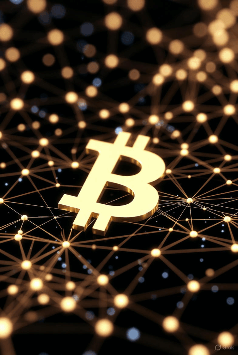 Złoty symbol Bitcoina na tle sieci blockchain, ilustrujący koncepcję gold plating w regulacjach kryptowalut.