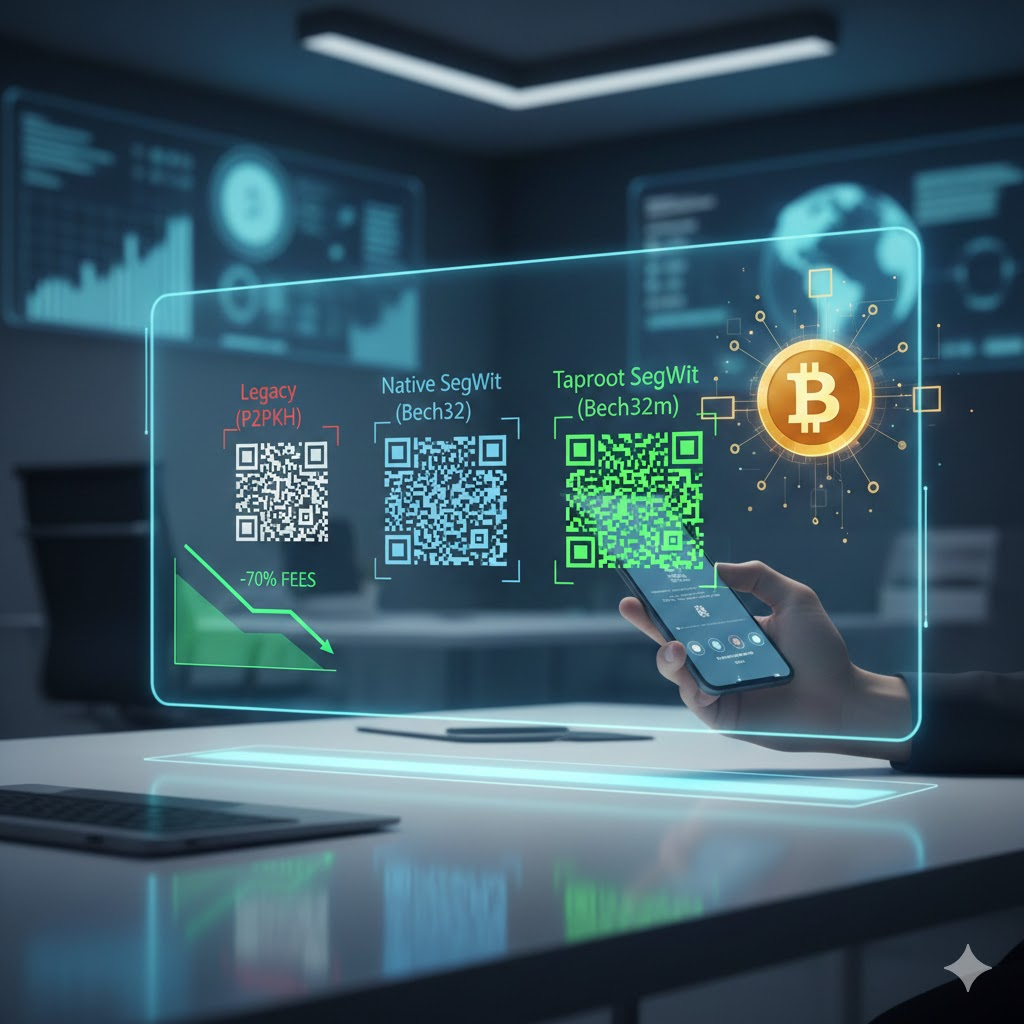Trzy kody QR adresów Bitcoin (Legacy, Native SegWit, Taproot Bech32m) z zaznaczoną strzałką oznaczającą oszczędność 70% na opłatach, wyświetlone jako hologram nad biurkiem.