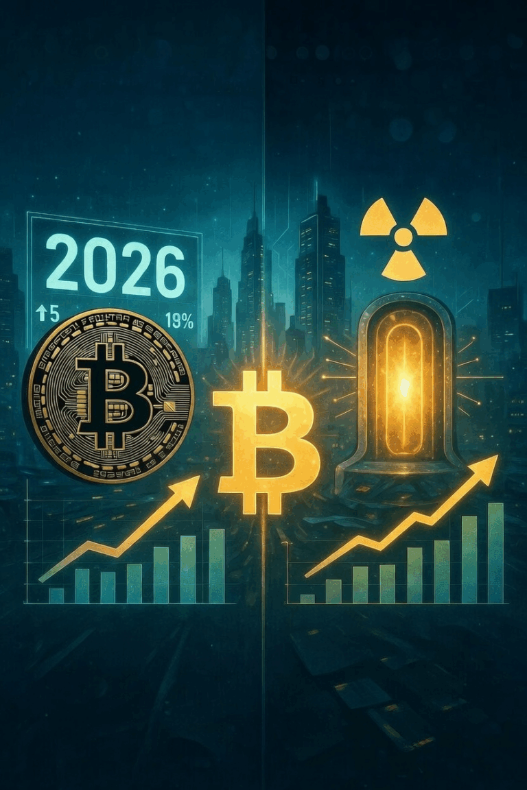Futurystyczna grafika porównująca inwestycje w Bitcoin i uran w 2026 roku, z symbolem Bitcoina, rdzeniem uranowym, wykresami wzrostu i tłem miasta nocą.